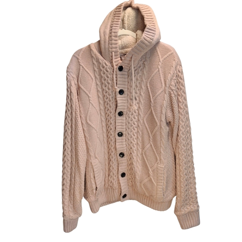 Fashion Nova Chunky Cable Knit Sherpa Lined Hooded Cardigan   Men Size Medium
